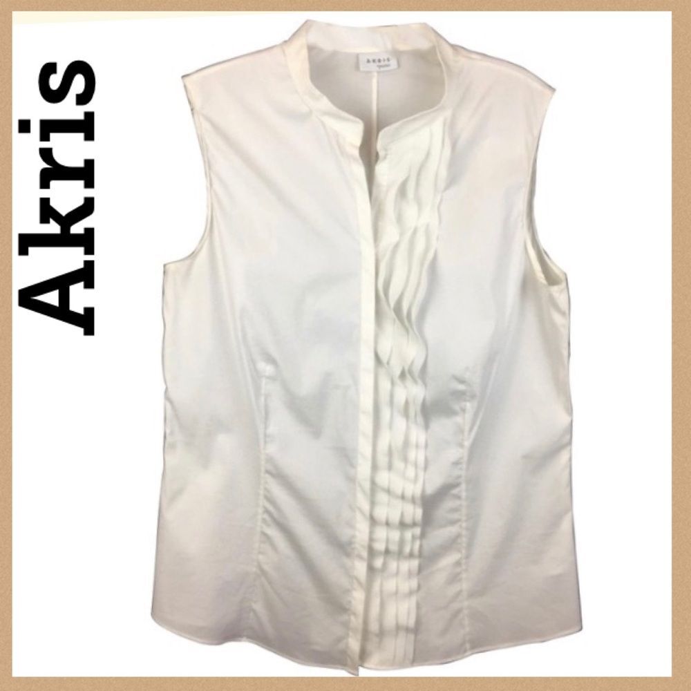 Akris White Ruffle Front Button Up Sleeveless Cot… - image 6